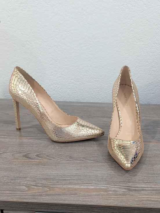 Nine West Shoes - Near New Nine West TATIANA Gold Metallic Leather Croc Embossed Stiletto Heels 11